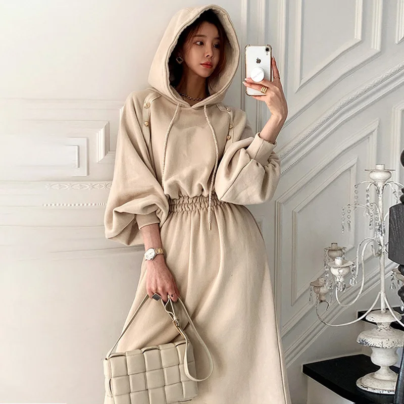 

Fashion Simple Hoodie Dress Button Lantern Sleeve Elastic Waist Drawstring Hooded Dresses for Women 2021 Spring Clothing