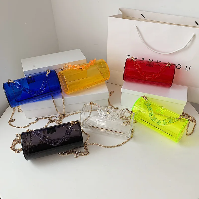 

Cylindrical Clear Box Women's Small Handbag 2021 New Summer PVC Transparent Bag Chain Fashion Jelly Luxury Shoulder Bag Ladies