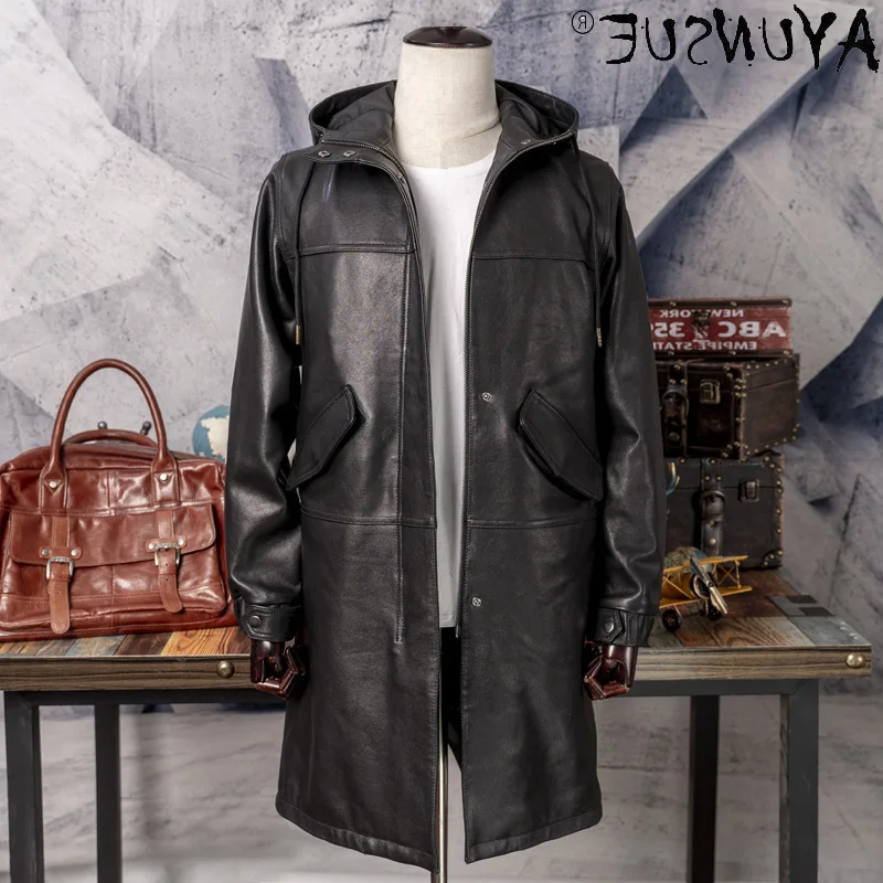 

Sheepskin Genuine Leather Jacket Men Clothing Korean Hooded Men's Windbreaker Medium Long Clothes Hommes Veste LXR921