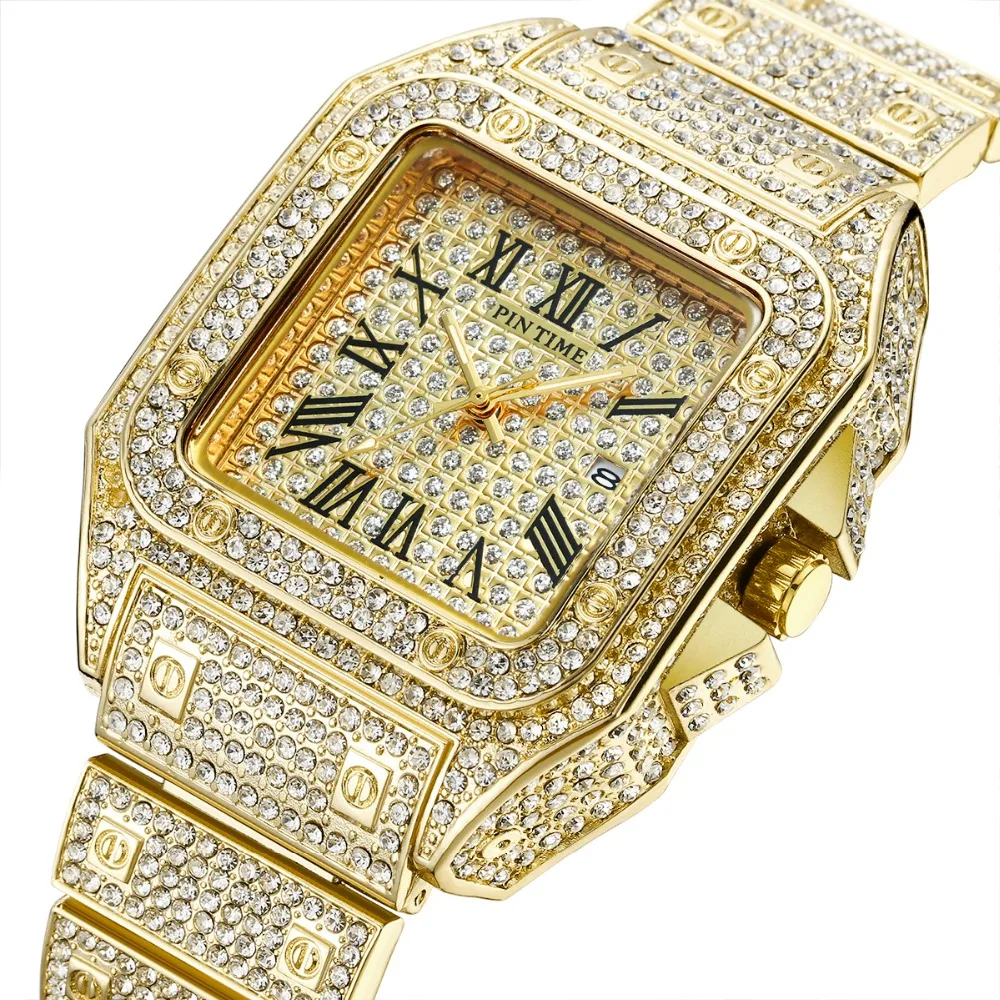 Хип-хоп Iced Out мужские часы с квадратным бриллиантом кварцевые роскошные мужские s наручные часы золотые римские часы с календарем стальные часы Relogio Masculino