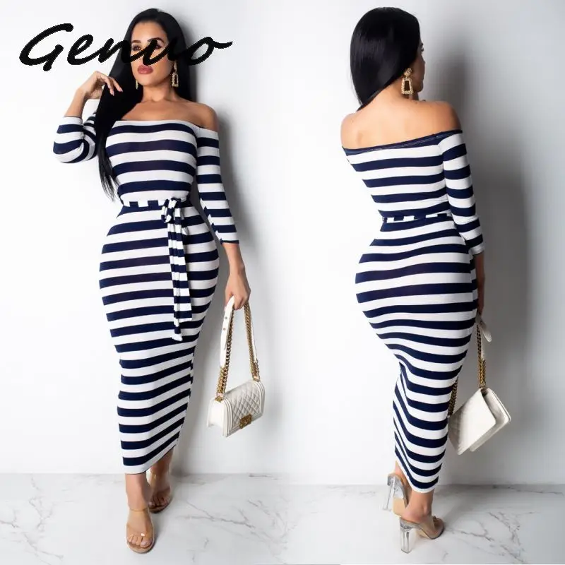 

Genuo 2019 new women summer off shoulder striped print slash neck with sashes maxi dress party club vintage casual long dresses