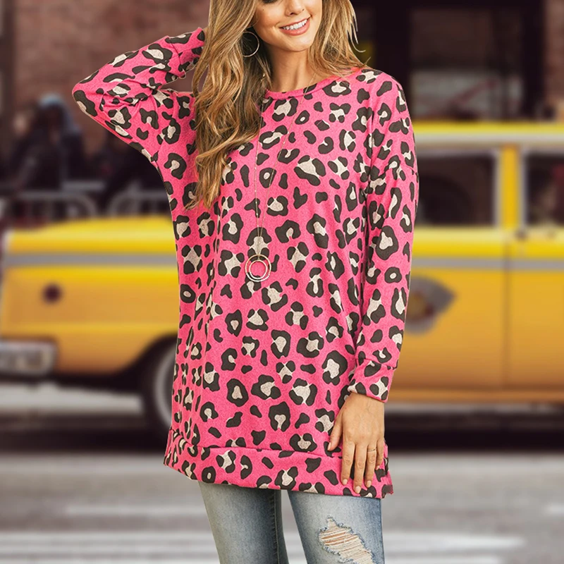 

Pink Leopard Print Top Sweatshirts T-Shirt Long Sleeve Blouses Women's Pullover Casual Shirt Female Clothing Autumn Winter 2021
