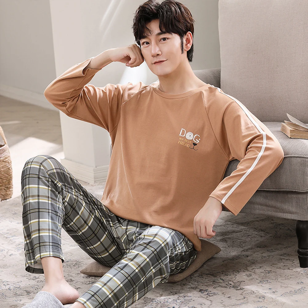 

100% Cotton Pajama Sets for Men Autumn Winter Loose Sleepwear Suit Fashion Print Pijama Long Sleeve Pyjamas+Plaid Pants Homewear
