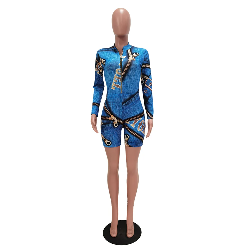 

Casual Denim Pattern Printed Long-sleeved Jumpsuit Women's Jumpsuit Fashion Casual Streetwear Participate In Banquet Jumpsuit