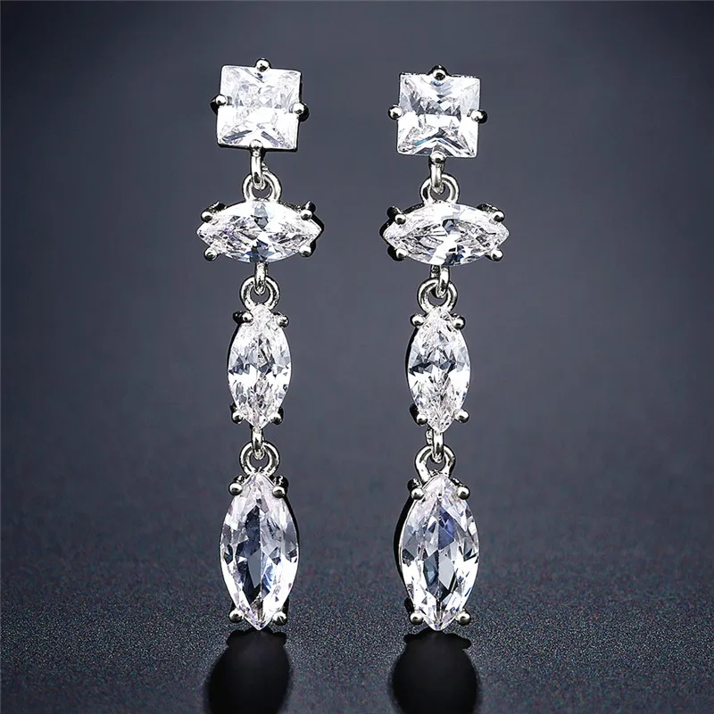 ZAKOL Изысканный свадебный дизайн Маркиза резка длинные висячие серьги фианиты