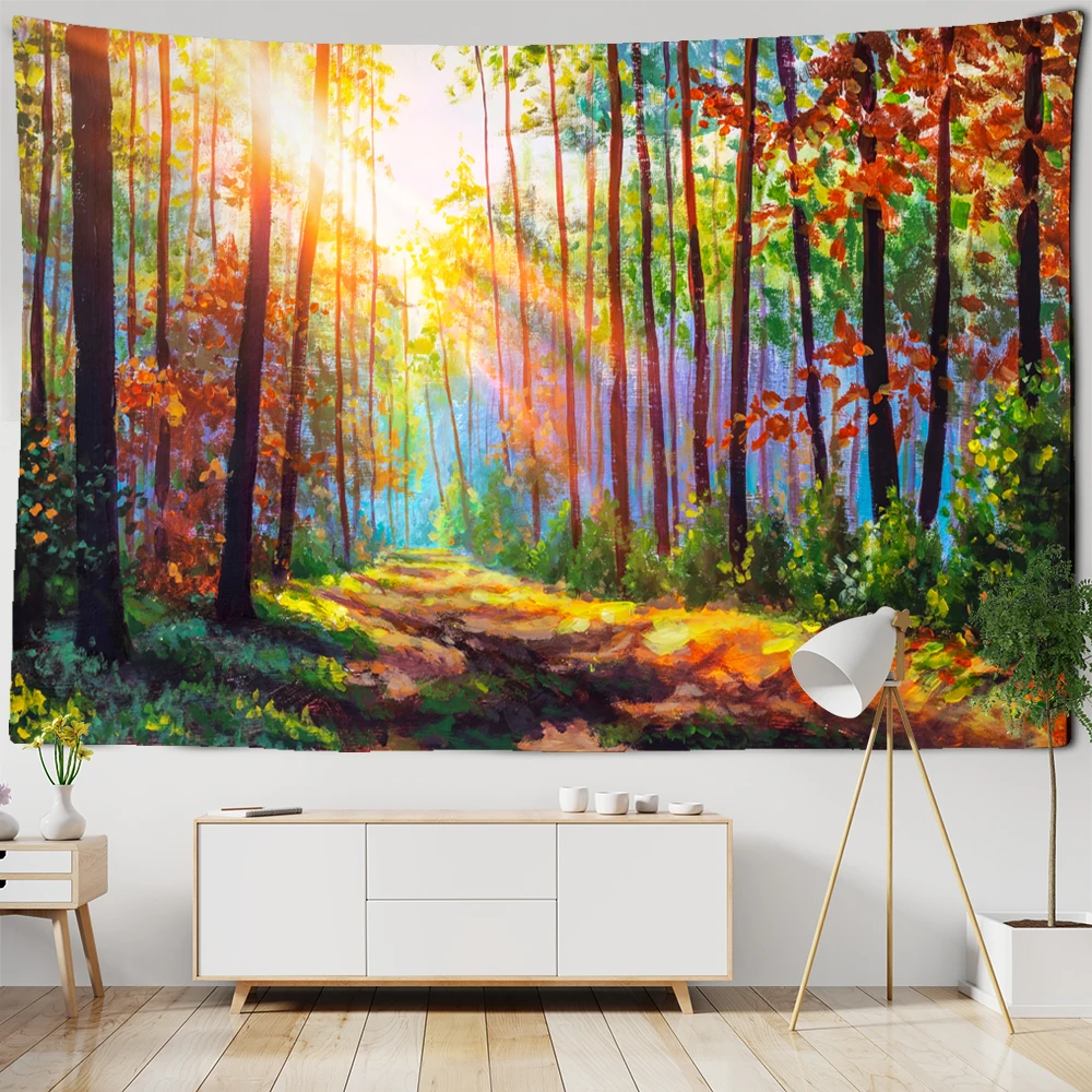 

Retro Oil Painting Beautiful Forest Natural Scenery Tapestry Wall Hanging Hippie Mandala Bedspread Bohemian Art Home Decor