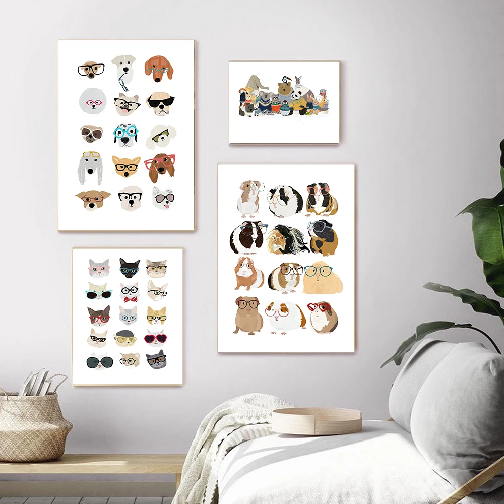 

Nursery Wall Art Canvas Posters Print Cartoon Guinea Pig Cats And Dogs With Glasses Painting Pictures Kids Bedroom Home Decor