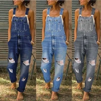 new fashion womens bib trousers with holes thin trousers ladies old denim casual pocket design jumpsuit wide leg pants trousers