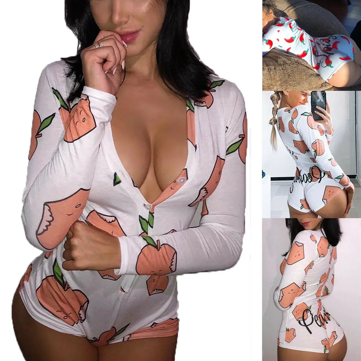 

Sexy Women Bodysuit Long Sleeve Deep V Neck Bodycon Stretch Leotard Crop Top Button Short Romper Pajamas Women Jumpsuit Overalls