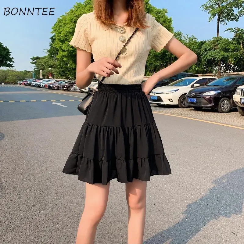 

Women Skirts Chiffon Ruffles Summer French Elegant Solid High Waist Ladies Popular Casual All Match Ulzzang Elastic Mini Outwear