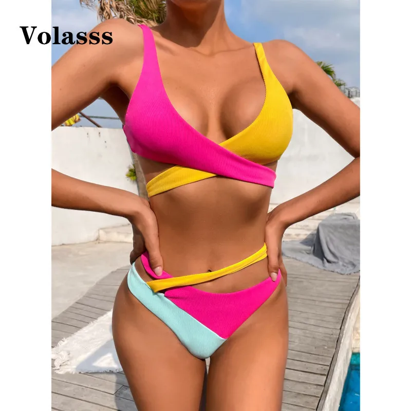 

High Waist Swimsuit Women Contrast Color Bathing Suit Cross Push Up Swimwear Female Bandage Bikini Set Sexy New Summer Beachwear
