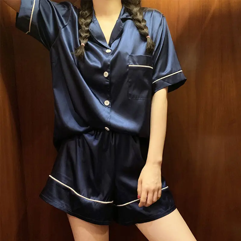 QWEEK Silk Pajamas for Women Girls Summer 2021 Pyjamas Ensembles Femme Pink Soft Pijamas Sweet Sleepwear Short Sleeve Homewear