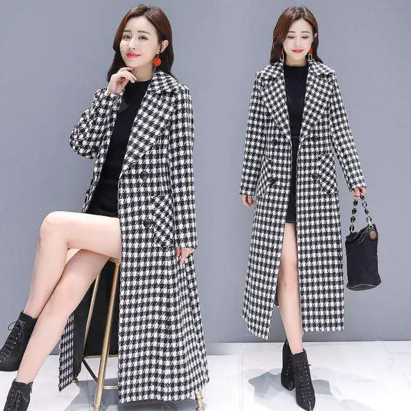 

Plaid Woolen Jacket 2021 Fashion Spring Ladies Clothing Elegant Slim Long Outwear Windproof Women Windbreaker Coats Abrigo Mujer