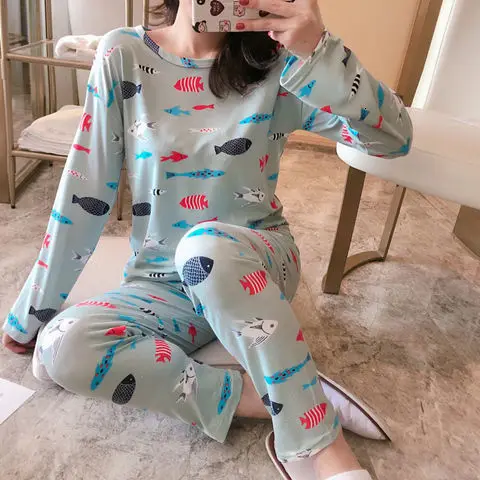Pajamas suit Осенне-зимний пижамный комплект для женщин, полосатый хлопковый Длинный топ, длинные штаны, комплект из 2 предметов, пижамный комплект для женщин, милая одежда для сна, пижама для девочек - Color: Pajamas suit