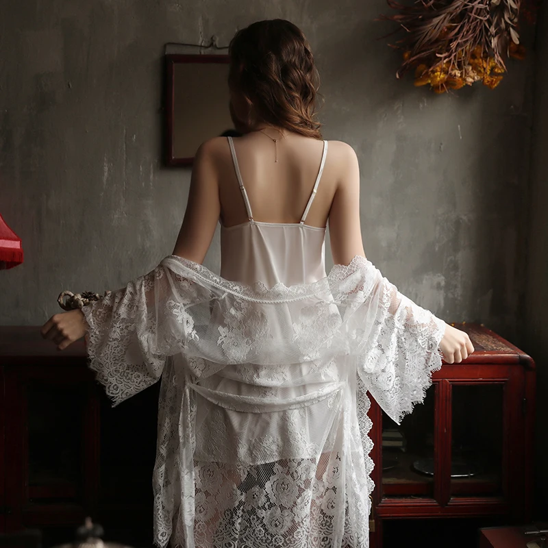 

Winter New Satin Ice Silk Black Pajamas Sexy Thin Deep V Perspective Lace Night Gown Tethered Bathrobe Nightdress Two-Piece Set