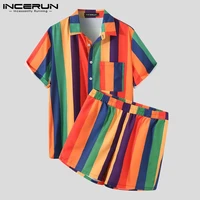 incerun fashion men striped sets colorful lapel short sleeve shirt shorts vacation casual men hawaiian suits streetwear s 5xl