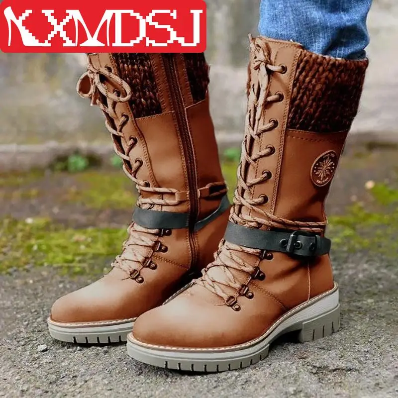 

Winter Women Mid-Calf Boots Round Toe Low-Heeled Non-Slip Boots Knitted Patchwork Side Zipper Lace-Up Female Motorcycle Boots