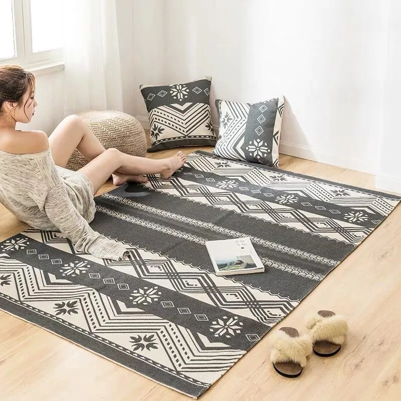 

Nordic Geometric Cotton and Linen Carpet Handmade Woven Bedroom Beside Mat for Sofa Coffee Table Handwoven Rugs Bathroom