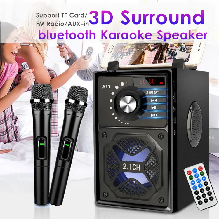 Karaoke Wireless Speaker 3D Surround Sound Multi-function bluetooth System Subwoofer Microphones Phone Holder 2500mAh | Электроника