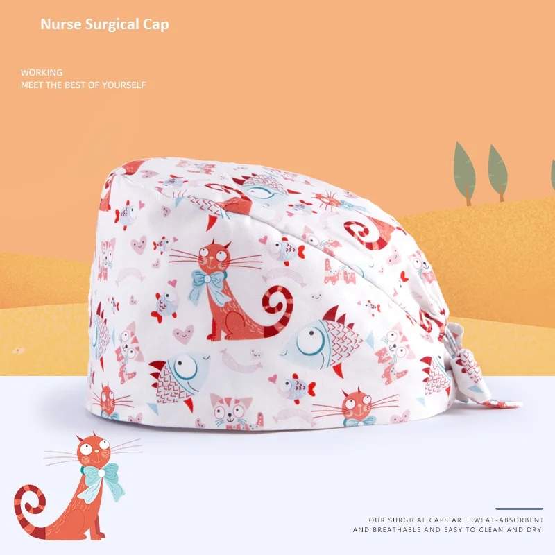 

New Pet/Denistry Clinic Women Men Scrub Cap,Nurse Accessories,Fish Cat Printing Dust-free Work Hat