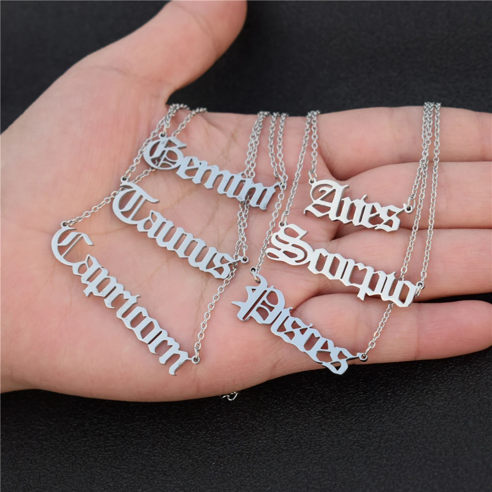

Old English 12 Zodiac Necklace For Women Gold Leo Capricorn Sagittarius Virgo Cancer Gemini Aries Aquarius Letter Necklaces BFF