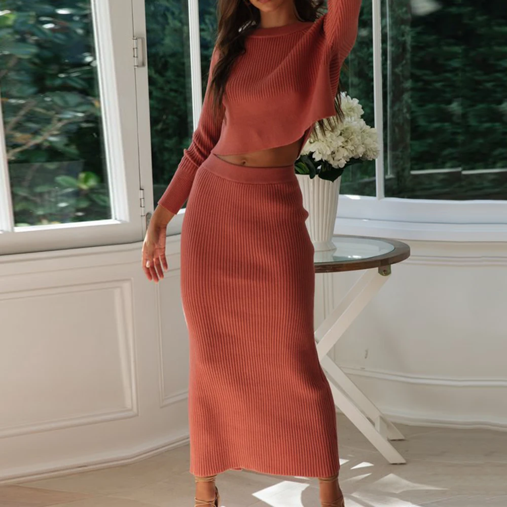 Vertvie Autumn Two Piece Sets Knitted Elegant Tracksuits Female Casual Warm White Sweater Skirts Sexy Lady Winter Suit Sets 2Pcs