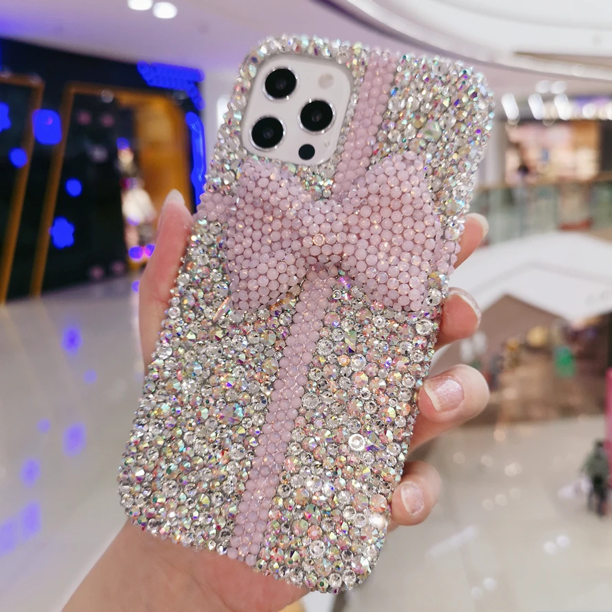 

Cute bow Handmade Case 3D Phone Cover for iPhone 7 8 11 12 13 x xs max pro plus Bing Crystal Diamond girl Gift Bracelet