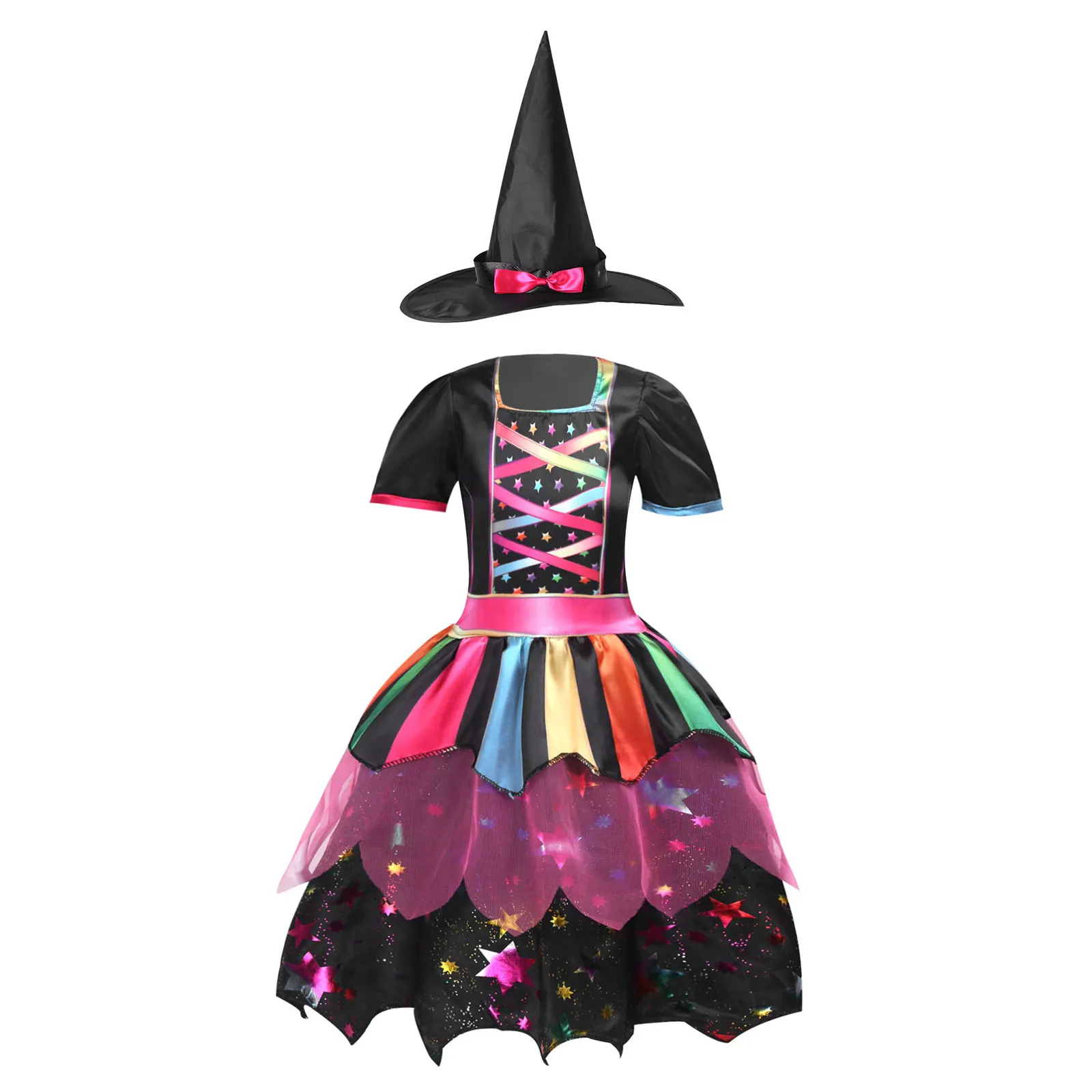 

Kids Girls Halloween Witch Cosplay Costume Short Puff Sleeve Dress Rainbow Stripes Stars Layered Ruffle Dress with Point 2Pcs