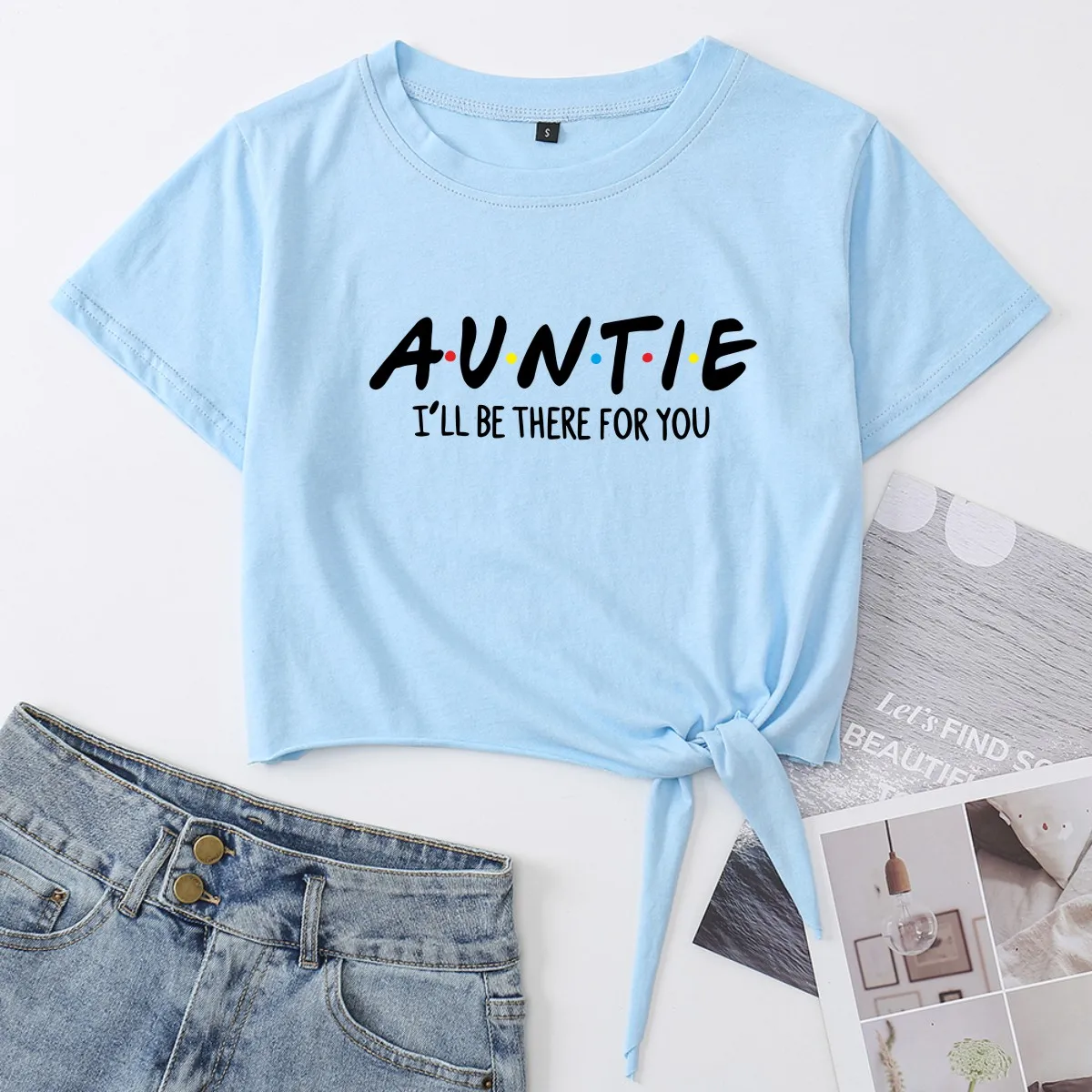 

Auntie I Will Be There for You Crop Top Womens Summer Casual Short Sleeve Cotton T-shirt Crop Tops Graphic Tee with Front Knot