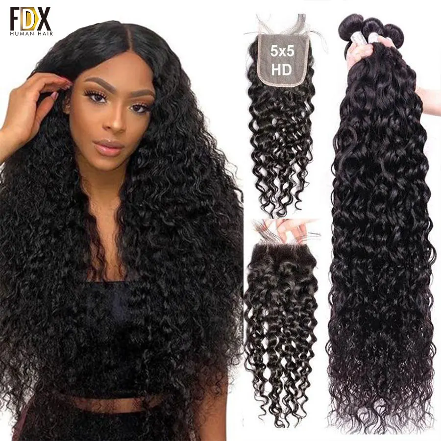 

28 30 32 34 Inch Water Wave Bundles with Closure 6x6 Closure and Bundles Remy Human Hair Weaves Water Curly 4x4 5X5 Lace Closure