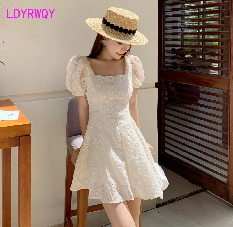 

LDYRWQY 2021 summer new Korean temperament fashion socialite slim square collar dress Office Lady Polyester