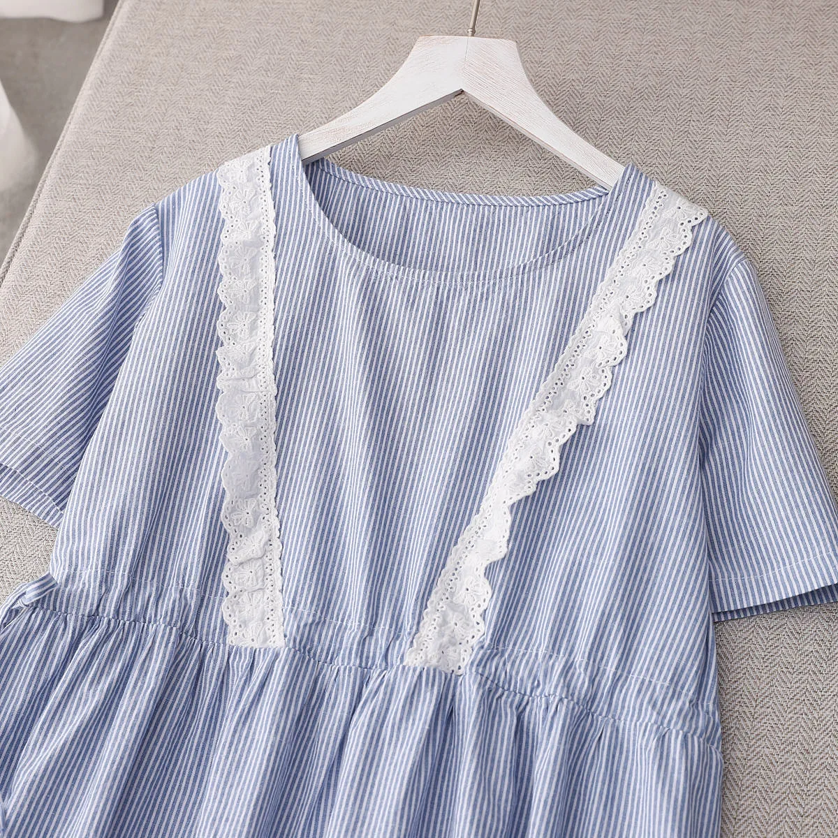 

Women New Summer Striped Blue Dresses Fashion Comfortable Cotton O Neck Short Sleeve Tie Up Loose Waist Midi Dress for Female