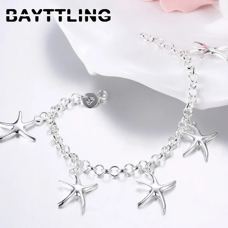

BAYTTLING Silver Color 8-inch Link Chain Starfish Pendant Bracelet For Woman Luxury Wedding Party Jewelry Gift