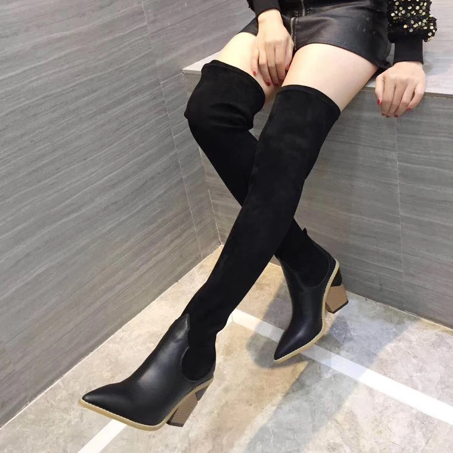 

Prova Perfetto Newest Women Over The Knee Boots Pointed Toe Wedge High Heel Thigh High Boots Suede Patchwork Fashion Long Boots