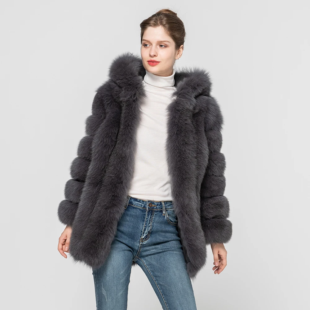 Женское пальто с капюшоном из натурального Лисьего меха, верхняя одежда высокого качества, зимние теплые меховые пальто S7522