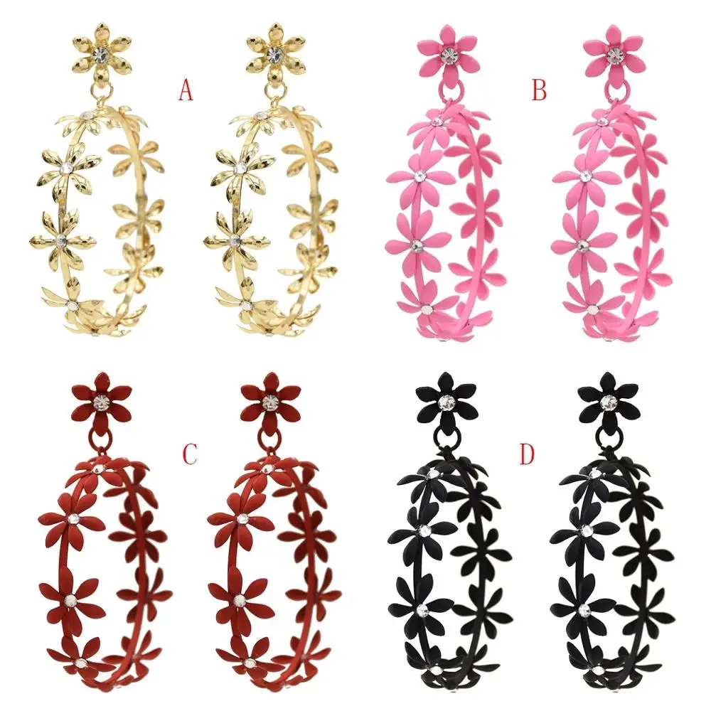 

2020 New Colorful Flowers Rhinestone Hoop Earrings Gold Metal Round Circle Drop Earrings For Women Girls Elegant Jewelry 2020
