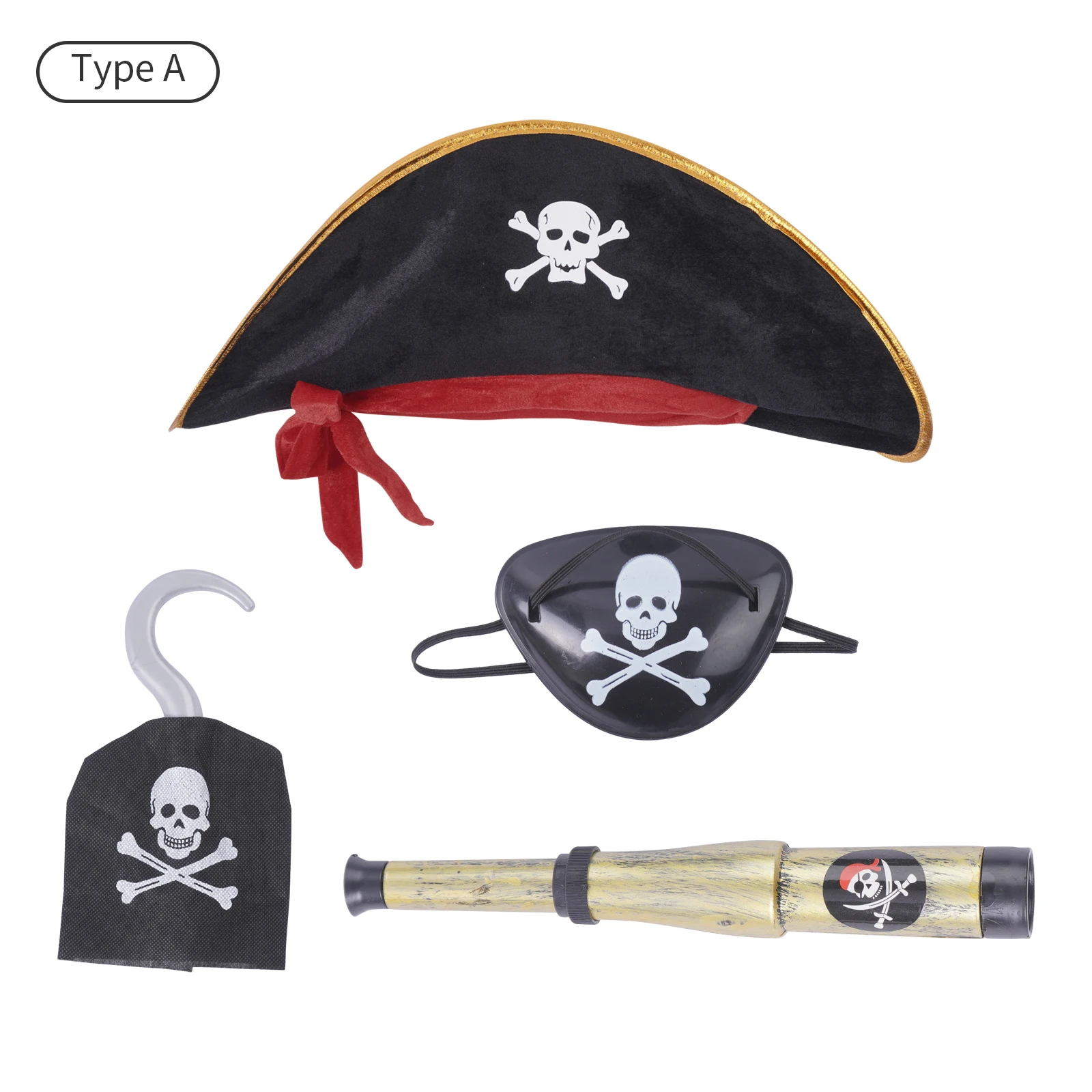 Sombrero de pirata con estampado de Calavera, sombrero de capitán caribeño, accesorio de disfraz de pirata para Halloween, Parche de pirata para ojo telescópico con gancho