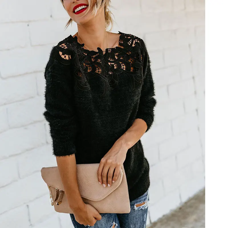 

Women Loose Knitted Sweater Winter O Neck Long Sleeve Knitwear Top Female Lace Floral Collar Pullover Jumper Streetwear