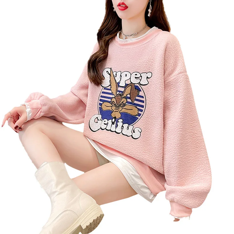 

Cashmere Long Sleeve Autumn Winter Women's Loose Warm Round Neck Cartoon Print Cashmere Thick Clothes Girls Fashion Thermal Top