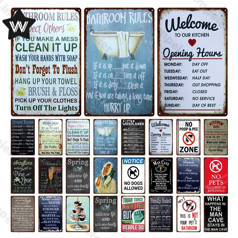 

Retro Bathroom Rules Metal Plaque Sign Vintage Welcome To Our Kitchen Wall Stickers Tin Poster Decoration Tiki Bar Kitchen Decor