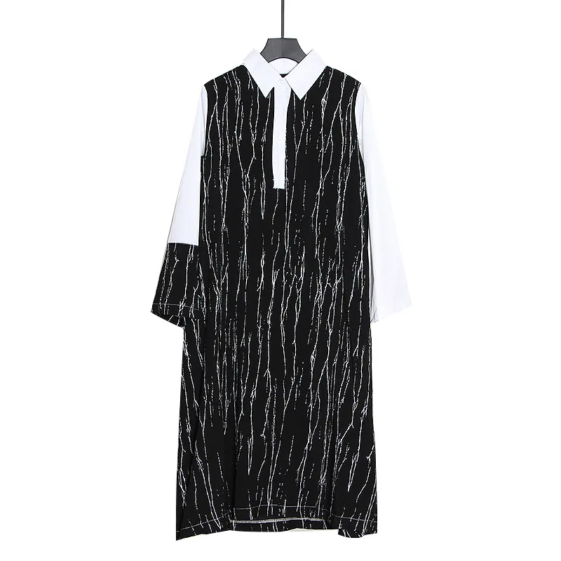 

Summer new hot selling fashion temperament commuter lapel stitching striped loose long sleeve dress women's fashion