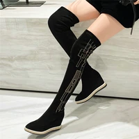 fashion sneakers women genuine leather over the knee high boots female stretchy velvet pointed toe platform oxfords casual shoes