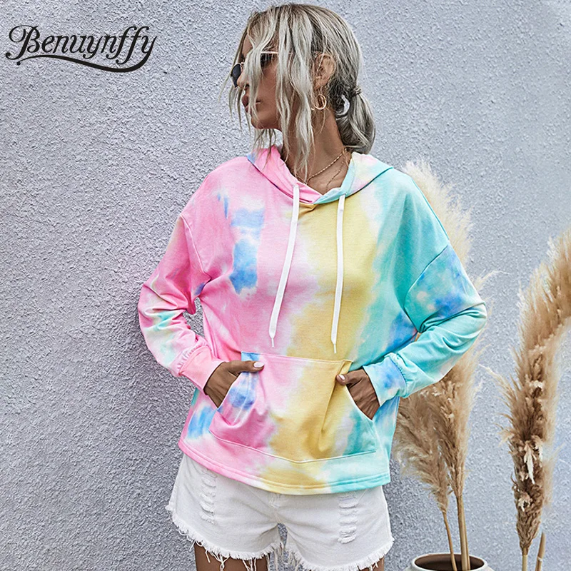 Benuynffy карманы галстук окрашивание Harajuku Женская толстовка 2020 Осенняя капюшон с