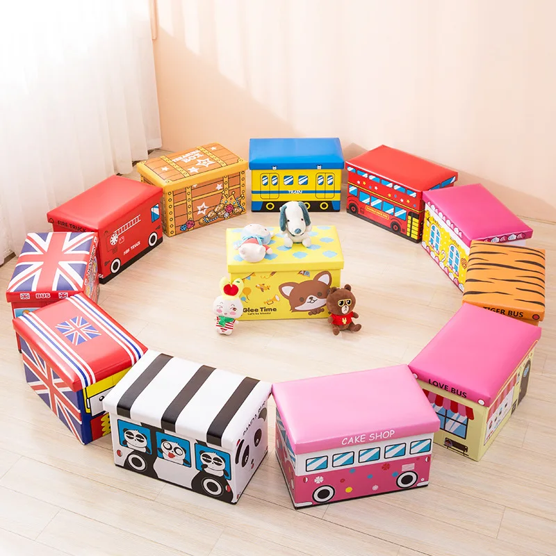 Taburete de almacenamiento de dibujos animados, silla de almacenamiento multifuncional plegable de cuero, banco para ni&ntilde;os, necesidades diarias, cajas creativas de juguetes para coche, b663-0
