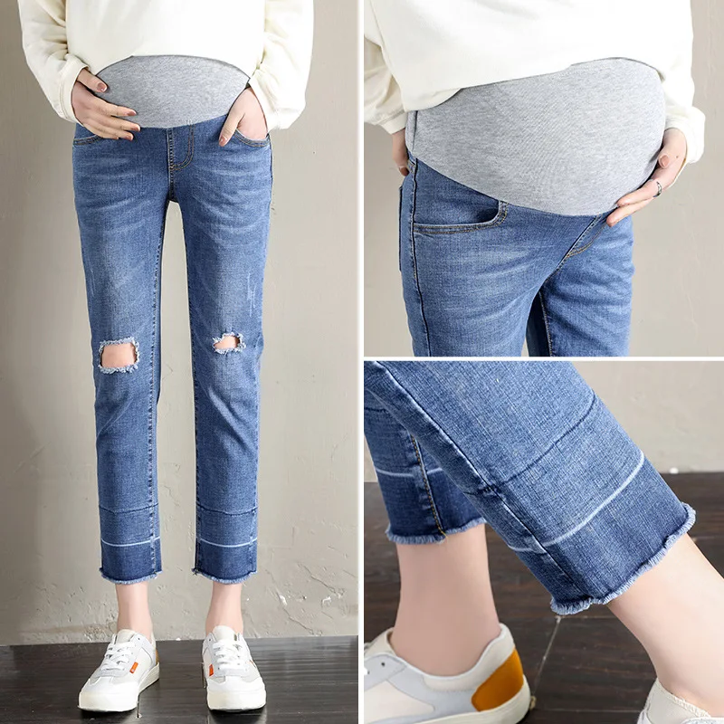 

Ninth Pants Hole Denim Jeans Maternity Pants Trousers For Pregnant Women Clothes Abdominal Prop Belly Nursing Jeans Pregnancy