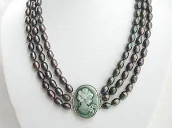 

17-19" 8-9mm natural peacock black pearls necklace cameo cla