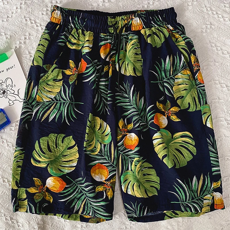 

2021 Summer Beach Casual Shorts Men New Fashion Leaf Printed Short Trouser Hipster Mens Clothes Loose Mid Waist Shorts Plus Size
