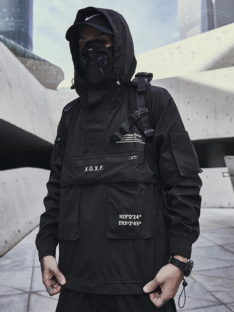 

Dropshipping Punk Techwear Oversize Hoodie Men Black Hooded Futuristic Tactical Streetwear Outwear