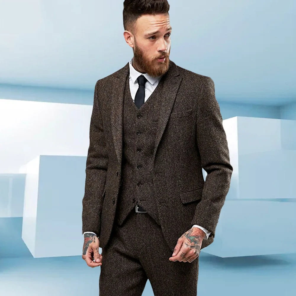 

Wollen Blazers Tweed Mens Suits For Wedding 3 Piece Set Brown Herringbone Jacket+Vest+Pants Custom Made Male Coat Clothing