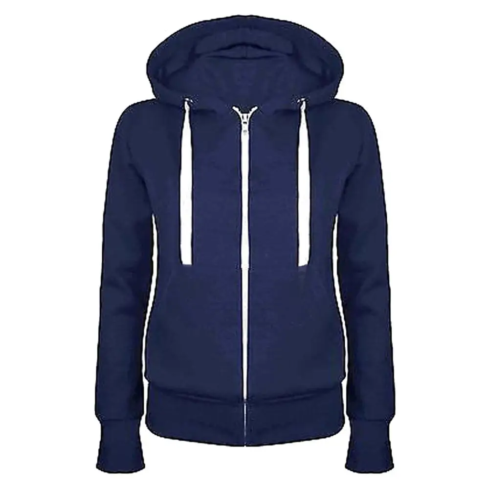 Dark Blue Повседневная Женская однотонная Толстовка с длинным рукавом, зимняя теплая толстовка с капюшоном, Женская толстовка с капюшоном на молнии, пальто черного/синего/Красного/серого цвета - Цвет: Dark Blue